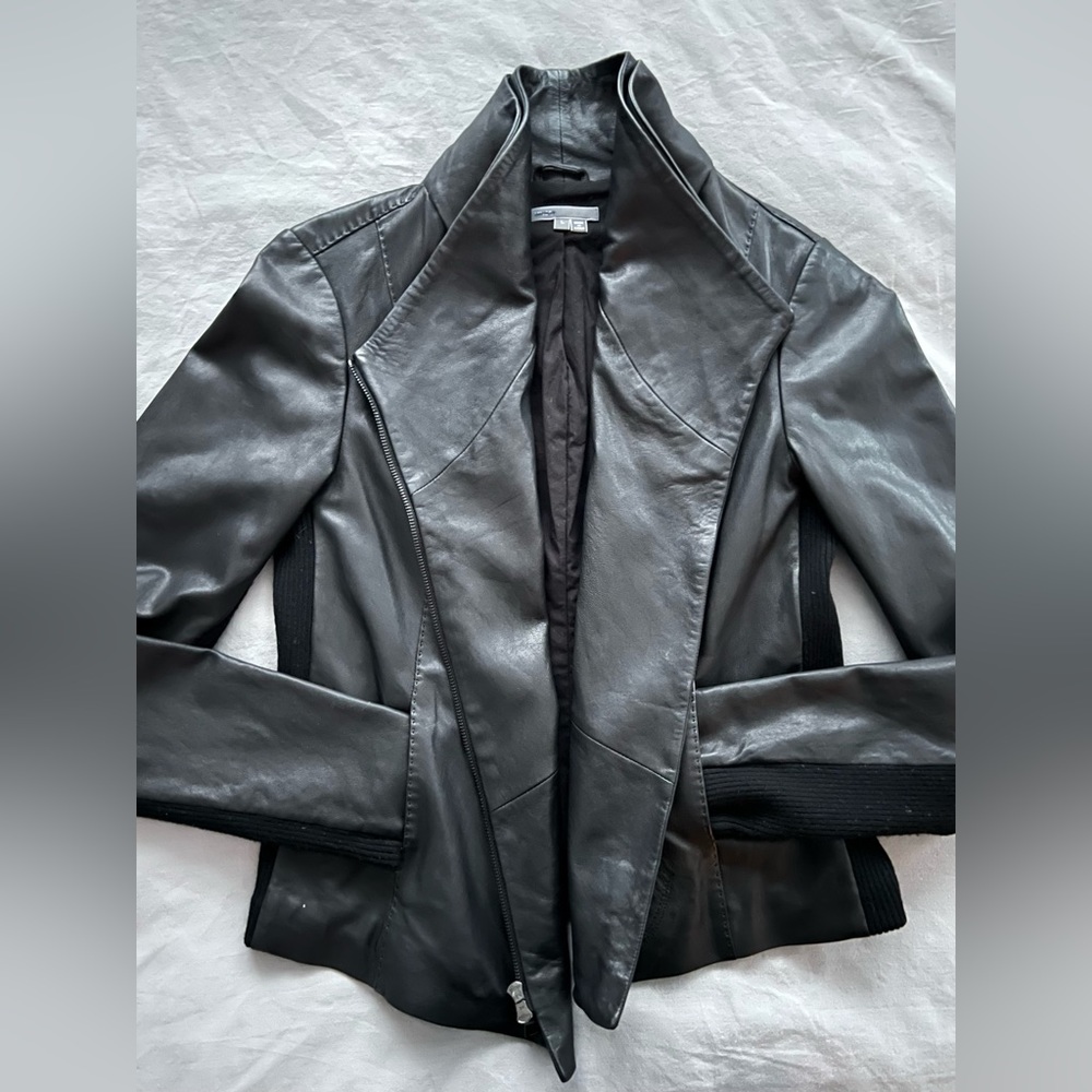 Vince Scuba Leather & Stretch Wool Panel Black Motto Jacket Womens L 8 - Picture 17 of 17